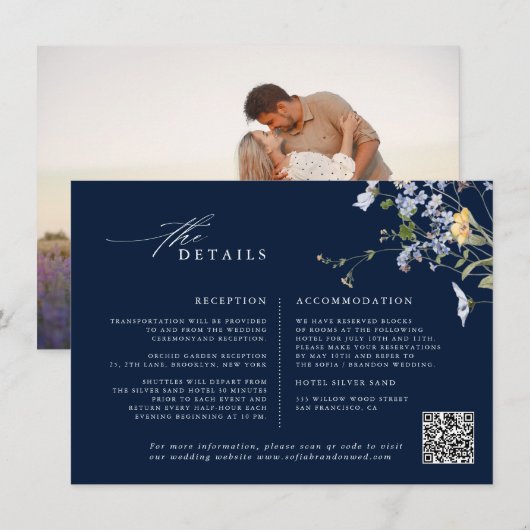 Hochzeit von Navy Spring Wildblume Meadow Garden Begleitkarte (Vorne/Hinten)