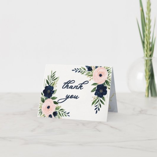 Hochzeit von Navy und Blush Floral Danke Karte (Vorderseite)