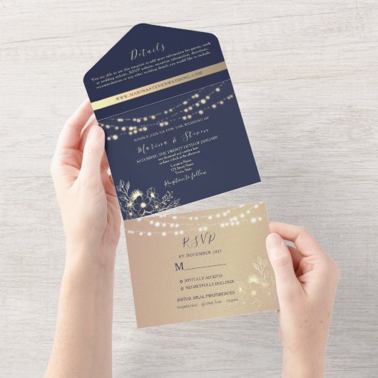Hochzeit von Navy und Blush String Lights All In One Einladung (Abreißen)