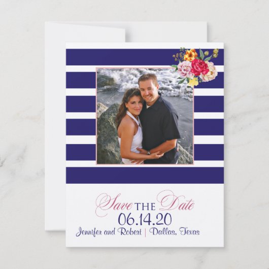 Hochzeit von Navy- und Blush Stripe-Blume speicher Save The Date (Vorderseite)