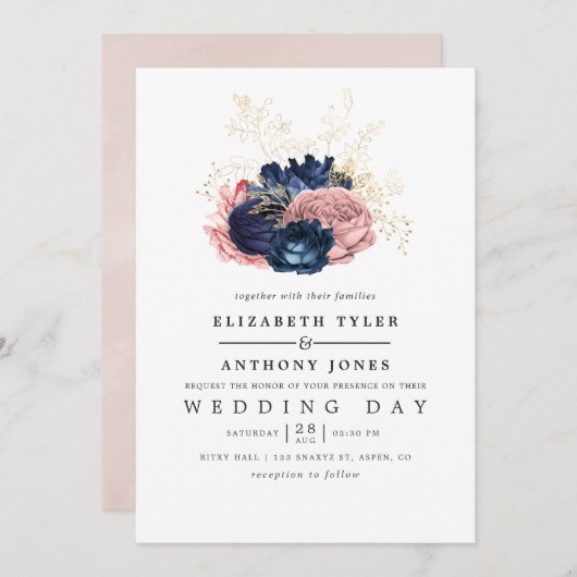 Hochzeit von Navy und Blush Vintagen Rose Einladung (Vorne/Hinten)