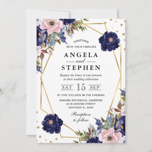 Hochzeit von Navy und Cream Summer Blume Einladung (Vorderseite)