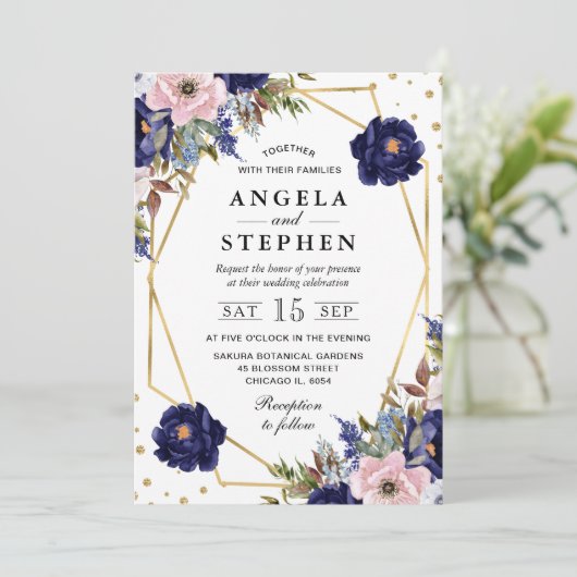 Hochzeit von Navy und Cream Summer Blume Einladung (Stehend Vorderseite)