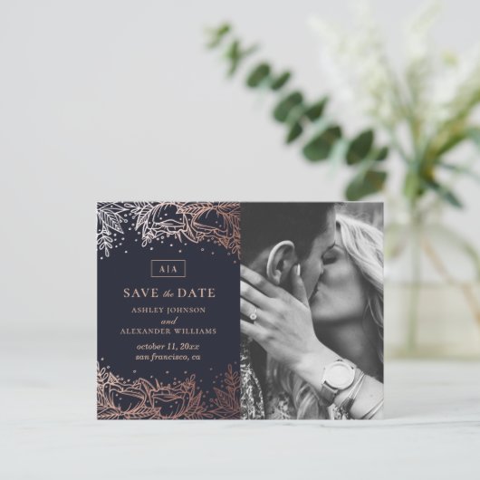 Hochzeit von Navy und Gold mit Blumen. Blau Save t Postkarte (Stehend Vorderseite)