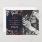 Hochzeit von Navy und Gold mit Blumen. Blau Save t Postkarte (Vorne/Hinten)