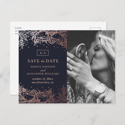 Hochzeit von Navy und Gold mit Blumen. Blau Save t Postkarte (Vorne/Hinten)