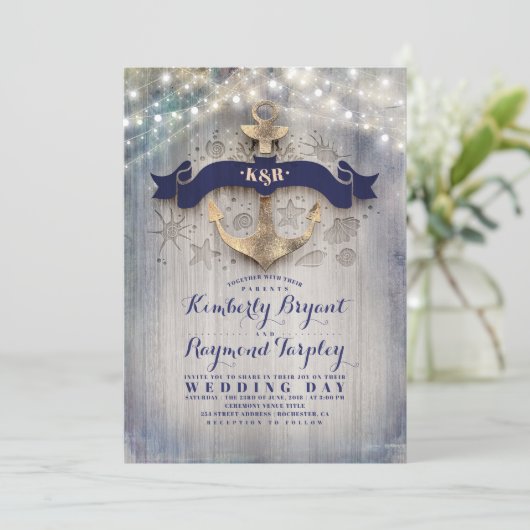 Hochzeit von Navy und Gold Nautic Anchor Beach Einladung (Stehend Vorderseite)