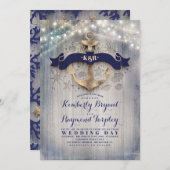 Hochzeit von Navy und Gold Nautic Anchor Beach Einladung (Vorne/Hinten)