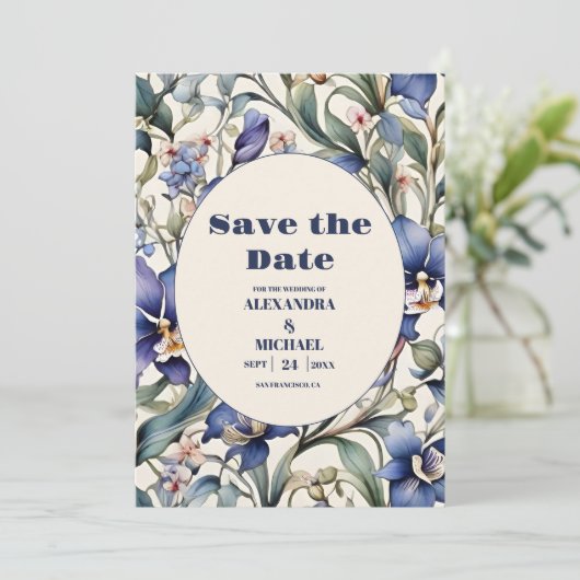 Hochzeit von Navy und hellblauen Wasserfarben Save The Date (Stehend Vorderseite)