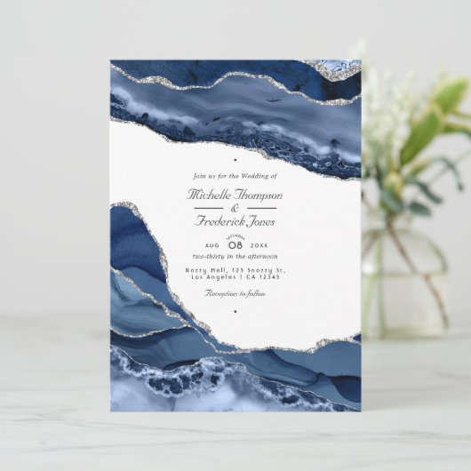 Hochzeit von Navy und Silver Agate QR Code UAWG Einladung (Stehend Vorderseite)