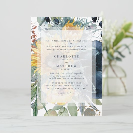 Hochzeit von Navy und Sonnenblumen Einladung (Stehend Vorderseite)