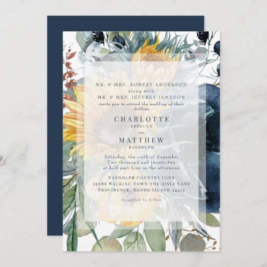 Hochzeit von Navy und Sonnenblumen Einladung (Vorne/Hinten)