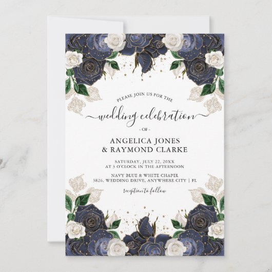 Hochzeit von Navy und White Floral Einladung (Vorderseite)