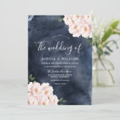 Hochzeit von Navy-Watercolor-Blush-Blume Einladung (Stehend Vorderseite)