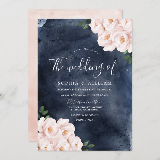 Hochzeit von Navy-Watercolor-Blush-Blume Einladung (Vorne/Hinten)