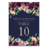 Hochzeit von Navy Watercolor Floral Burgundy Tischnummer (Vorderseite)