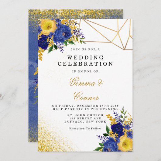 Hochzeit von navy Yellow Painted Floral Gold Einladung (Vorne/Hinten)