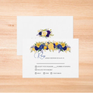 Hochzeit von Navy & Yellowish Gold Floral Bouquet RSVP Karte