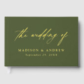 Hochzeit von Olive Green und Gold Calligraphy Gästebuch (Vorderseite)