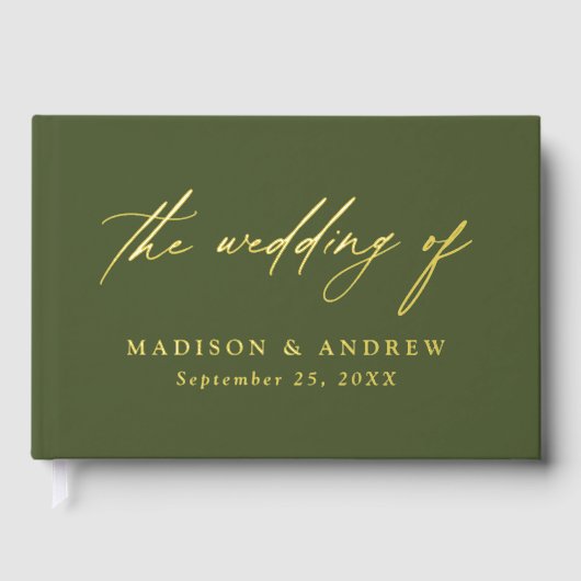 Hochzeit von Olive Green und Gold Calligraphy Gästebuch (Vorderseite)