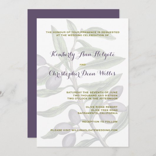 Hochzeit von Olivenbaum | Lila Einladung (Vorne/Hinten)