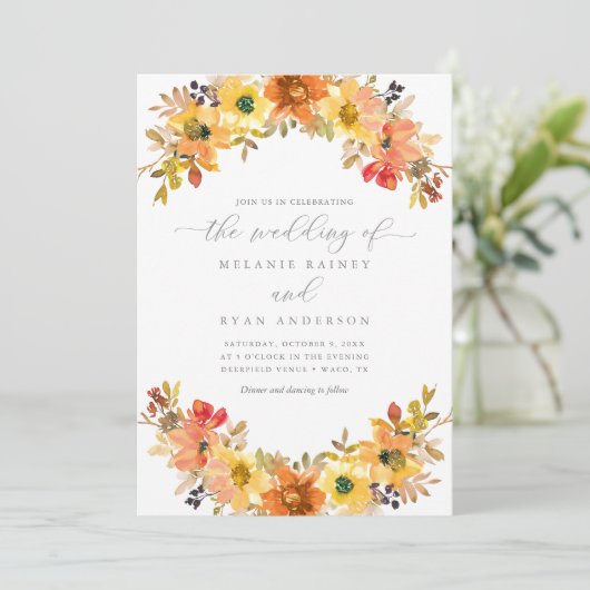 Hochzeit von Orange und Gelbfall Einladung (Stehend Vorderseite)