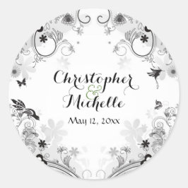 Hochzeit von personalisierten Vögeln und Blumengär Runder Aufkleber