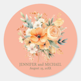 Hochzeit von Pfirsich und Grüner Flora Runder Aufkleber