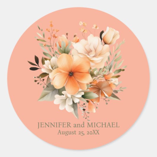 Hochzeit von Pfirsich und Grüner Flora Runder Aufkleber (Vorderseite)