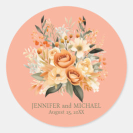 Hochzeit von Pfirsich und Grüner Flora Runder Aufkleber
