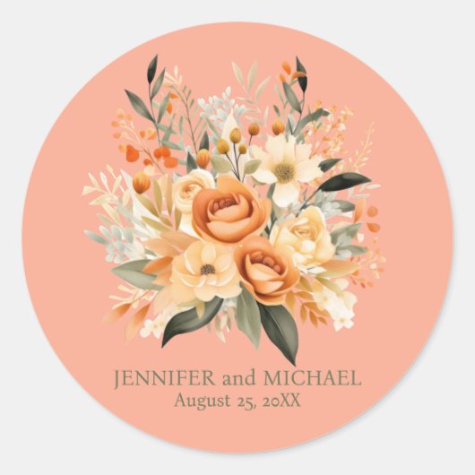 Hochzeit von Pfirsich und Grüner Flora Runder Aufkleber (Vorderseite)