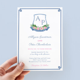 Hochzeit von Preppy Navy und Pink Monogram Wappen Einladung