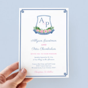 Hochzeit von Preppy Navy und Pink Monogram Wappen Einladung