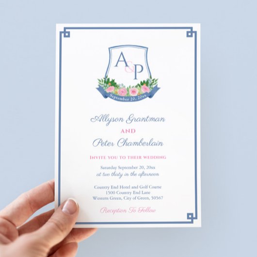 Hochzeit von Preppy Navy und Pink Monogram Wappen Einladung