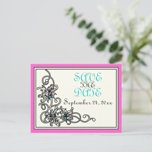 Hochzeit von Reben in Rosa Türkis geblüht Datum sp Ankündigungspostkarte (Stehend Vorderseite)