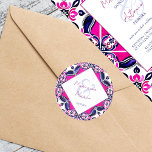 Hochzeit von rosa und blau-mexikanischen Fliesen Runder Aufkleber<br><div class="desc">Rosa und blau mexikanische Talavera Fliesen Hochzeitsvorlage Aufkleber Braut und Bräutigam Namen Aufkleber</div>