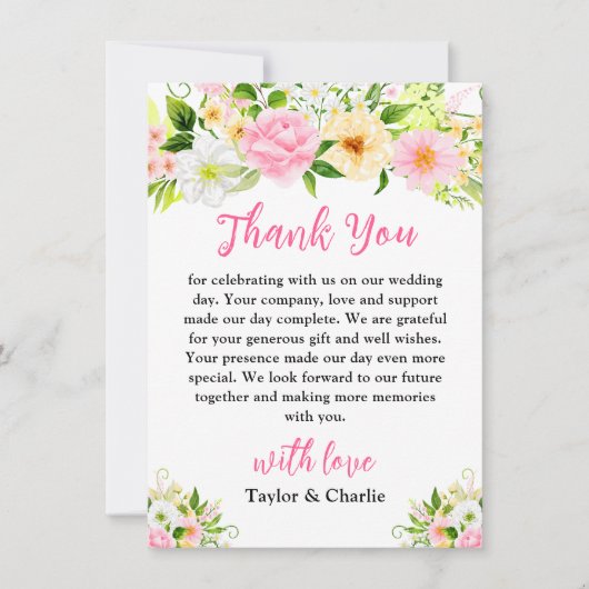 Hochzeit von Rosa und Gelb Dankeskarte (Vorderseite)