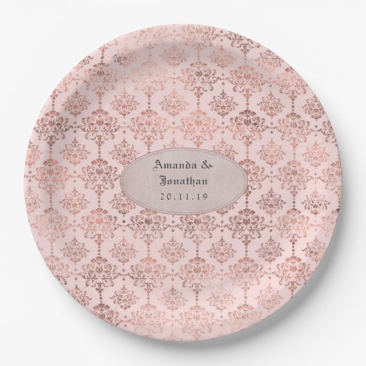 Hochzeit von Rose Gold und Blush Foil Damask Pappteller (Vorderseite)