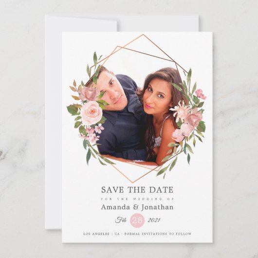 Hochzeit von Rose-Gold- und Blush-Geometric-Foto Save The Date (Vorderseite)