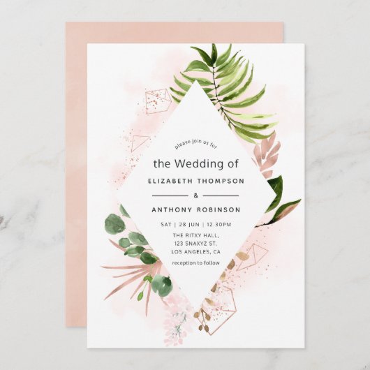 Hochzeit von Rose Gold und Blush Geometric Greener Einladung (Vorne/Hinten)