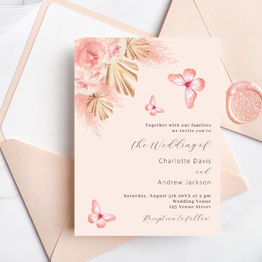 Hochzeit von Rosengras mit Butterfly Pampas Einladungspostkarte