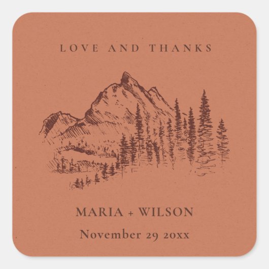 Hochzeit von Rost-Orange-Pine-Wald Quadratischer Aufkleber (Vorderseite)