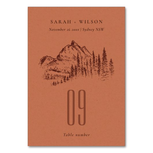 Hochzeit von Rost-Orange-Pine-Wald Tischnummer (Rückseite)