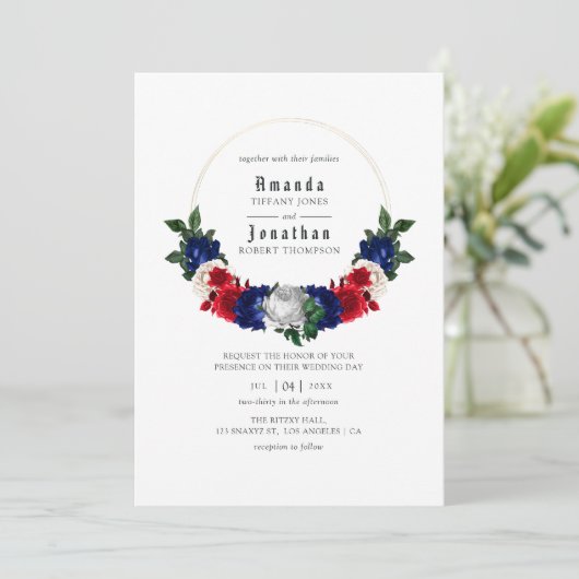 Hochzeit von Rot-Weiß und Blau-Amerikanische Unabh Einladung (Stehend Vorderseite)