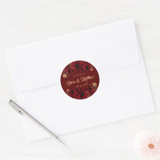 Hochzeit von rote Rose und Gold-Blume Runder Aufkleber (Umschlag)