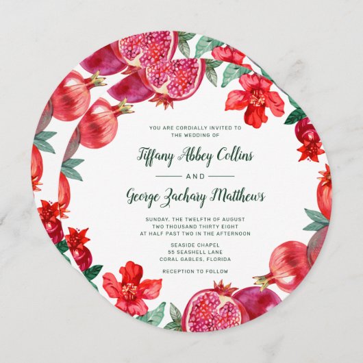 Hochzeit von Rotwasserflora-Granatapfel Einladung (Vorne/Hinten)