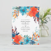 Hochzeit von Royal Blue, Türkis und Korallenflora Einladung (Stehend Vorderseite)