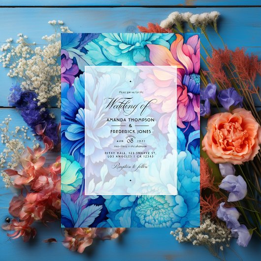 Hochzeit von Royal Blue, Türkis und Korallenflora Einladung