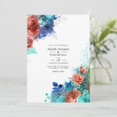Hochzeit von Royal Blue, Türkis und Korallenflora Einladung (Stehend Vorderseite)