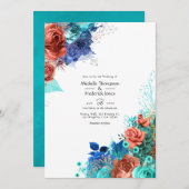 Hochzeit von Royal Blue, Türkis und Korallenflora Einladung (Vorne/Hinten)
